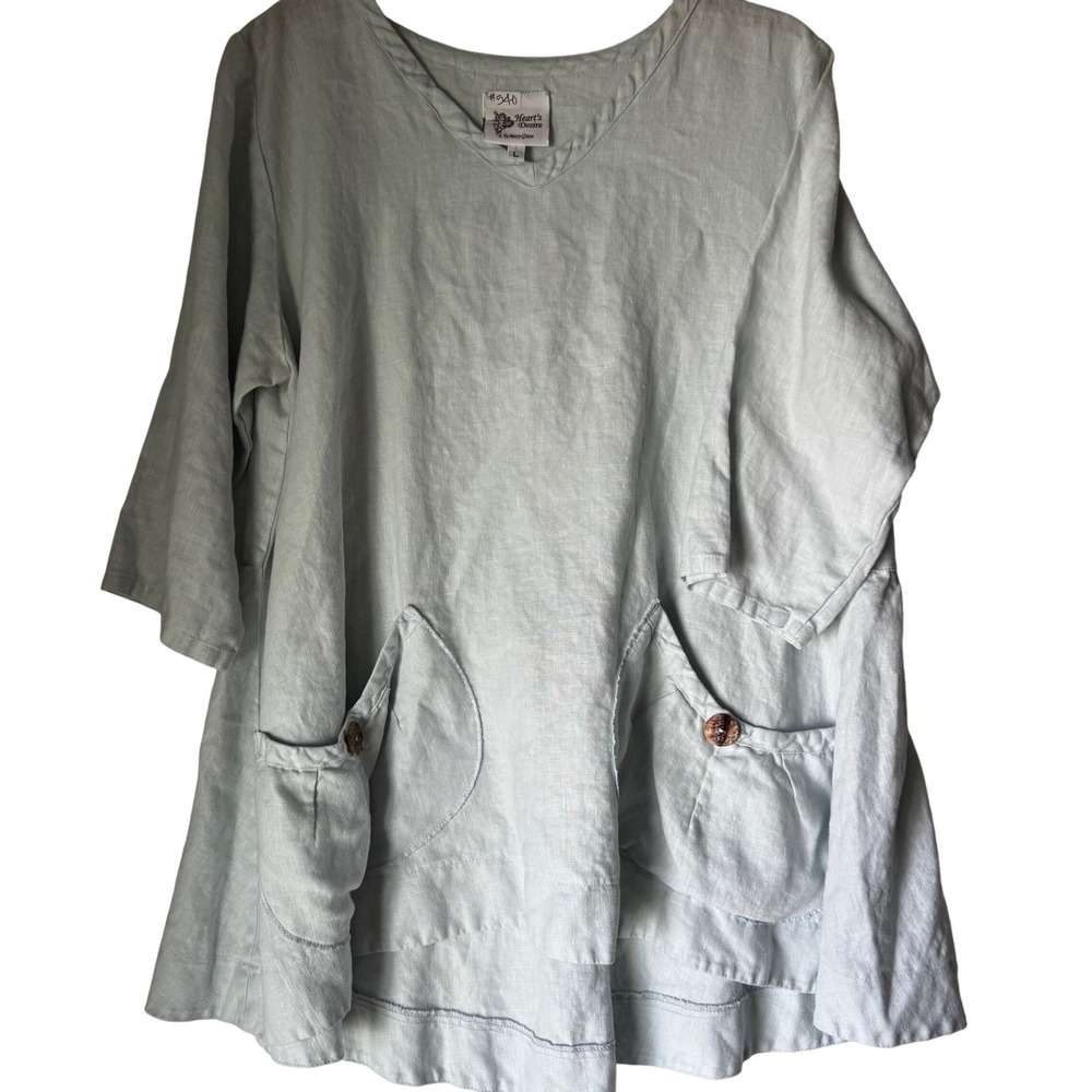 Heart's Desire by Mary Grace‎ Linen Blend Tunic Top Women's Sz L V-Neck Pockets